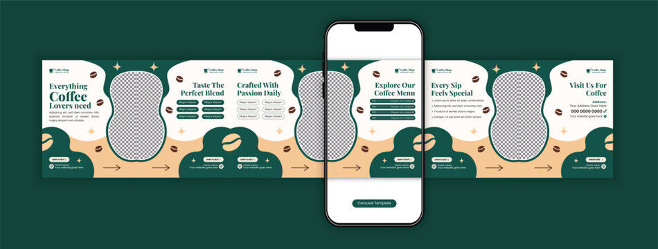 Coffee Shop Menu Promotion, Instagram, LinkedIn, and Facebook Carousel Template, Modern Design