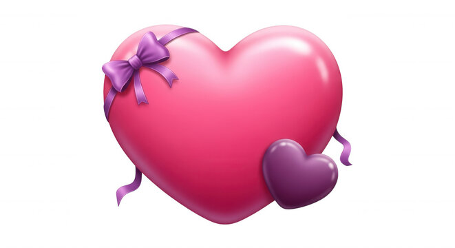 Large glossy pink heart with a purple ribbon bow and a smaller dark purple heart isolated on a black background