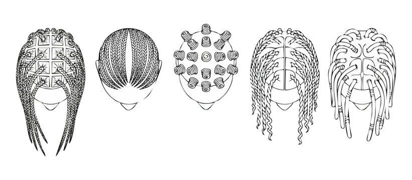 Braided Hairstyles Set for Women, African Hair Braiding Styles, Haircut Guide Vector Illustration, Back View of Natural Hairstyles with Cornrows, Twists, and Protective Styling for Hair Salon Design.