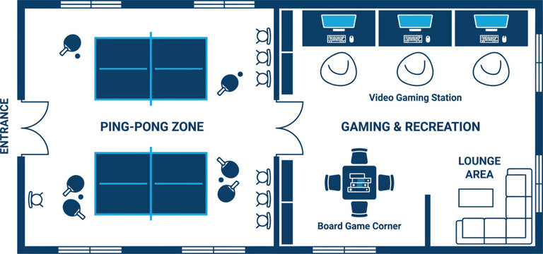 Modern office recreation room floor plan vector, gaming and lounge area layout with ping-pong zone, corporate breakroom interior design blueprint