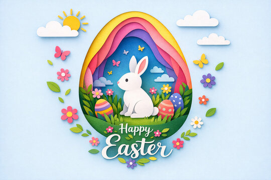 Colorful digital artwork featuring a rabbit and rainbow with the words 'Happy Easter'