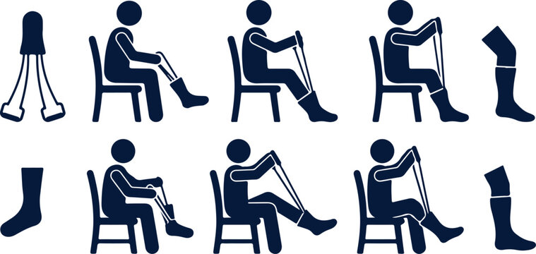 Person putting on compression socks with tool, sitting on chair, leg with sock, healthcare.