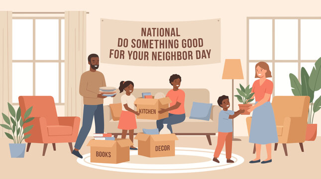 Diverse neighbors helping each other pack and donate items illustration