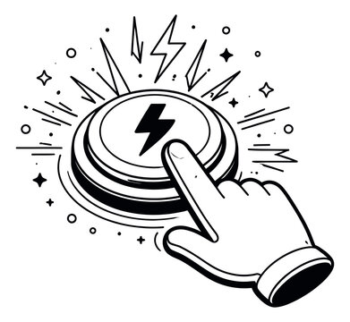 Line art illustration of a hand pressing a button depicting a power activation for technology interface design