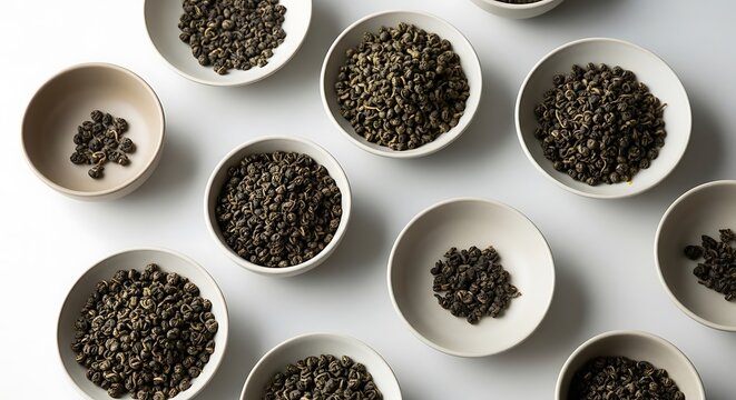Top view of loose leaf gunpowder green tea in white bowls on minimalist background. gunpowder tea