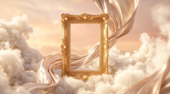Ornate Gold Frame Floating Among Dreamy White Clouds