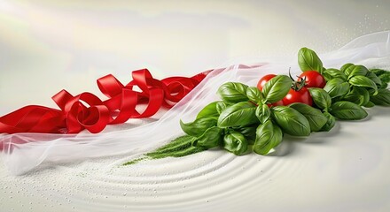 Italian republic day celebration design, featuring a symbolic flag representation for italy, vibrant green basil, flowing white fabric, bright red ribbon, ripe tomato, commemorating june second event