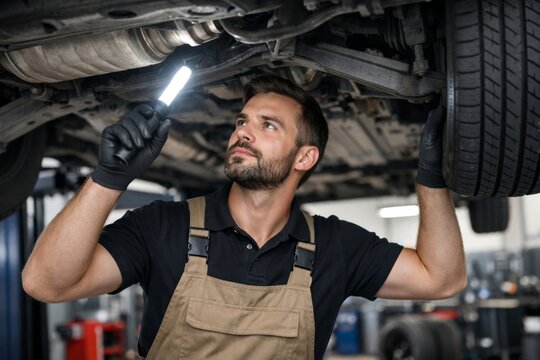 Mechanic inspecting car underbody with flashlight in workshop setting. Ai generative