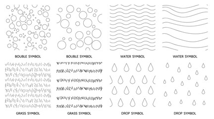 Landscape geographic icons for architecture depicting water, grass, drops, boubles, with vector texture, set © Anminsi