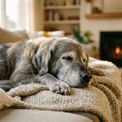 Naklejka premium A dog lies on a soft blanket in a living room. The sun shines through a window, and a fireplace is visible in the background.