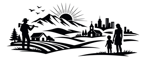 Naklejka premium Graphic illustration of a landscape depicting rural and urban life for community concepts