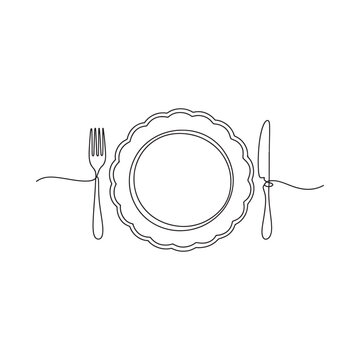 Minimalist line drawing depicts a plate fork and knife suggesting a dining setting or restaurant concept