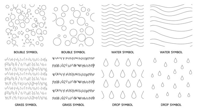 Landscape geographic icons for architecture depicting water, grass, drops, boubles, with vector texture, set