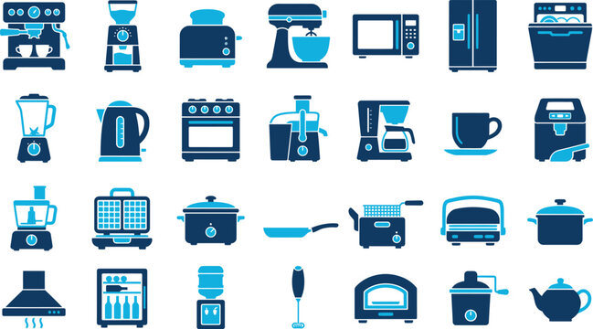 Modern kitchen appliances icon set, 28 blue household electronics vector symbols, domestic cooking equipment and home utility tools for web design