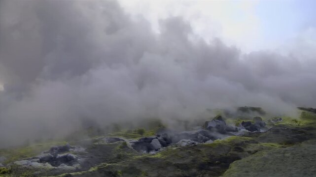Sulfur fumaroles and chloride crusts on the crater rim, geothermal activity on the slopes of Vulcano Islands, Italy. 