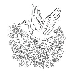 Obraz premium Bird illustration of a flying crane with floral elements and ornamental design coloring page