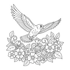 Fototapeta premium Bird illustration flying above floral arrangement in nature themed decorative coloring page design