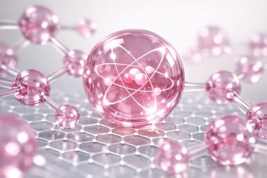 Pink collagen molecular structure with glowing atoms on light background. Ai generative