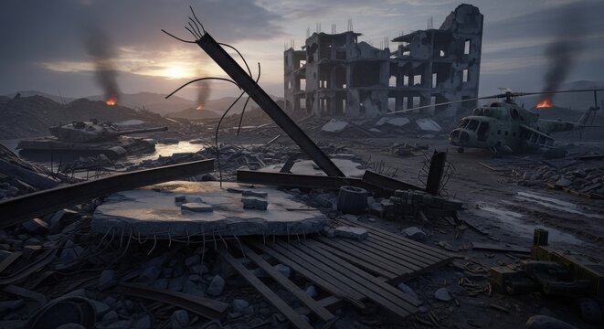 Devastated Urban Landscape with Fires and Ruined Buildings at Dusk