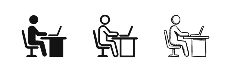 Fototapeta premium Person Working at Desk Icon Set - Office Employee with Laptop for Remote Work