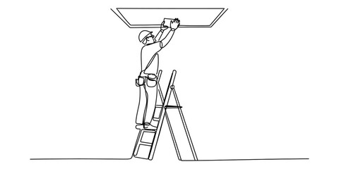 Obraz premium Construction worker standing on a ladder installing a ceiling panel in a continuous line drawing style Vector, illustration