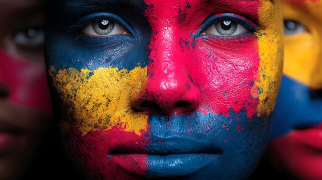 Close-up of a face painted in vibrant red, yellow, and blue colors, symbolizing artistic expression and cultural identity.