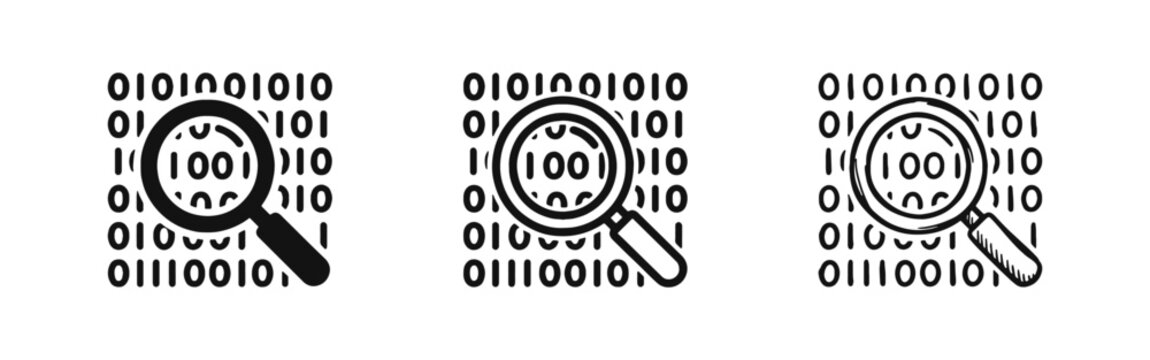 Binary Code Search Icon Set - Magnifying Glass for Data Analysis and Programming