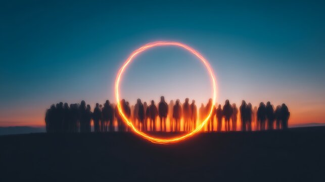 Silhouetted group of people stands behind a glowing neon circle at dusk, creating a mysterious and futuristic scene.