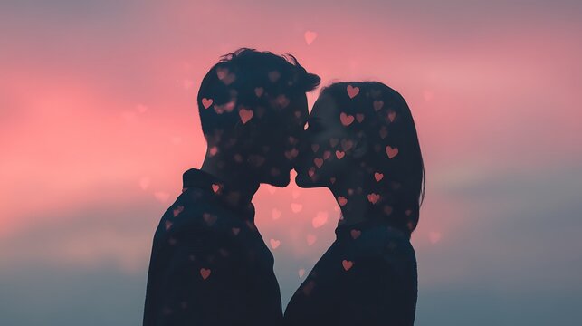 Silhouetted couple sharing a romantic moment at sunset, with heart-shaped light effects creating a dreamy, intimate atmosphere.