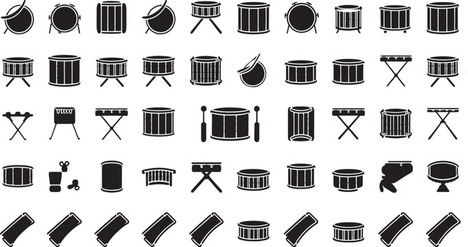 Collection of drum silhouettes and percussion instruments with hi hat