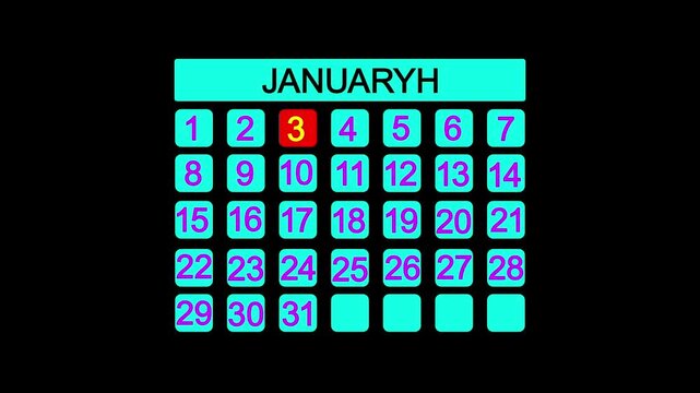 3rd January calendar icon animation. Alpha matte with transparent background