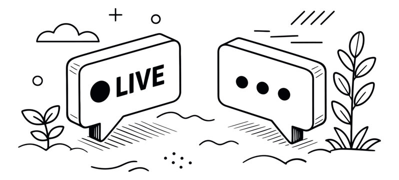 Hand drawn line art isometric illustration of two chat bubbles depicting live streaming and messaging for online communication