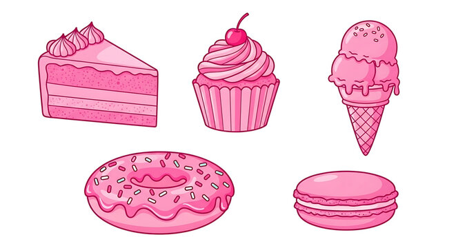Collection of pink dessert illustrations featuring a cake slice, cupcake with cherry, ice cream cone, donut with sprinkles, and a macaron