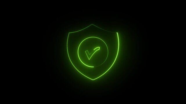 neon security shield with check mark animation icon on a black background.
