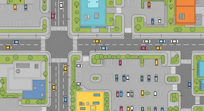 Aerial View of City Street Intersection with Buildings and Cars.
