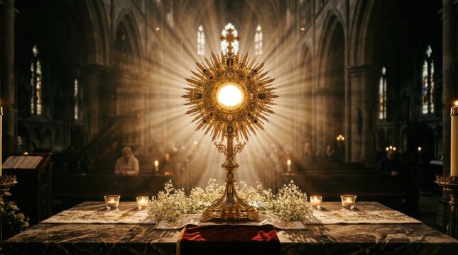 Eucharistic Adoration with Golden Monstrance in Cathedral