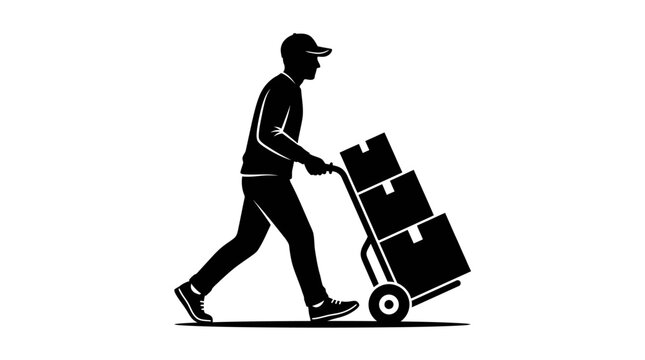 Silhouette of a delivery professional pushing a stack of packages on a hand truck for efficient logistics