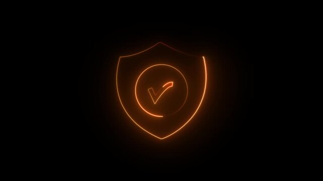 neon security shield with check mark animation icon on a black background.