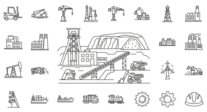 Collection of Industrial Building and Vehicle Icons.