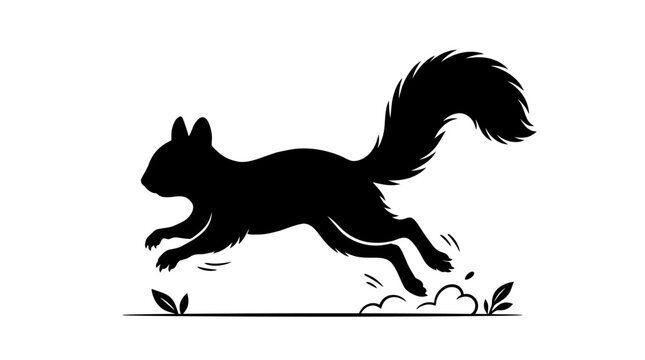 Silhouette of a running squirrel with a bushy tail and blurred motion