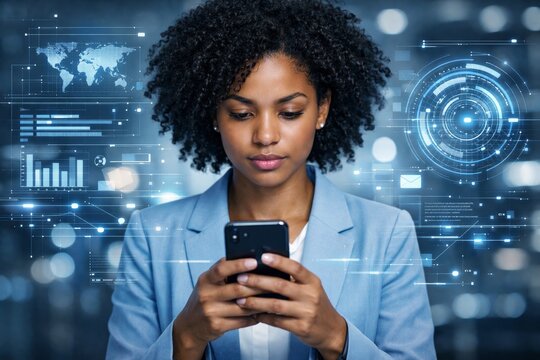 Woman using smartphone with digital data cloud interface concept overlay. Ai generative