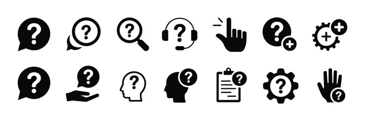 Question mark icon button set containing asking problem confusion query information FAQ  help support advice guide researching conversation and quiz concept vector illustration design.