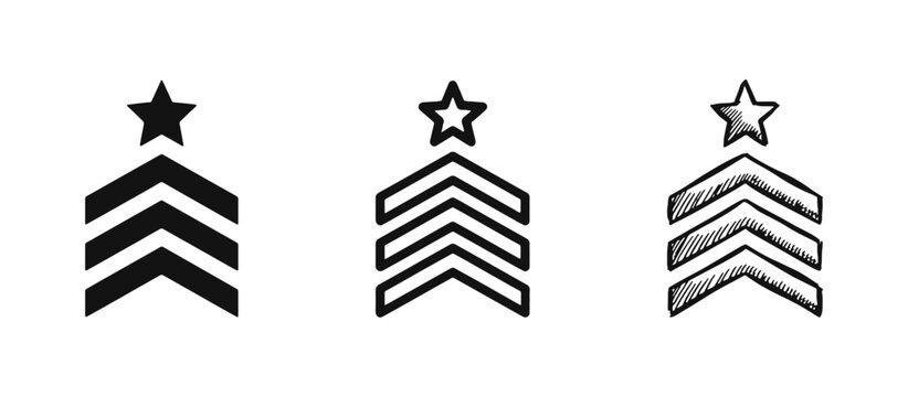 Military Rank and Achievement Level Icon Set with Star and Chevrons