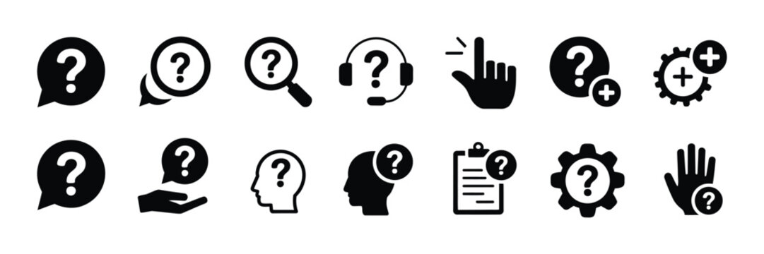 Question mark icon button set containing asking problem confusion query information FAQ  help support advice guide researching conversation and quiz concept vector illustration design.