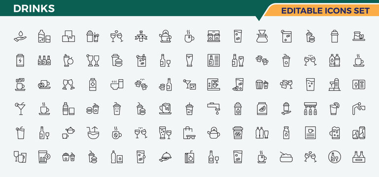 Drinks icon set. Alcohol icon set. Minimal thin line web icons set. Featuring beer, restaurant, glass, soda, drink, cocktail and more. Editable stroke vector art.