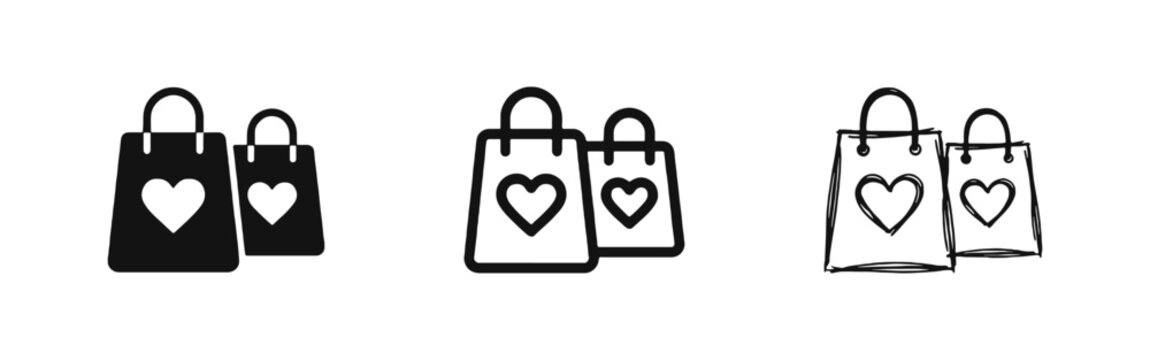 Love Shopping Icon Set featuring Bags with Hearts for Valentine's Day and Gift Concepts