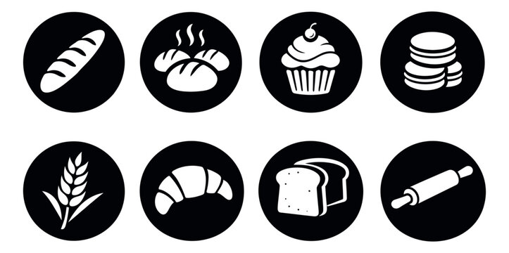 Modern bakery icon set featuring loaves of bread, pastries, wheat and a rolling pin for food and cooking related designs