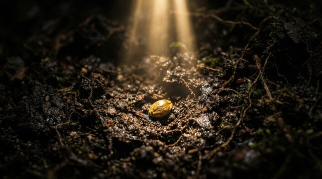 Single Golden Seed Illuminated by Sunlight on Dark Soil