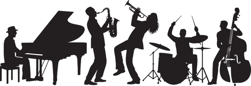 Silhouette of a jazz band playing instruments against a white background