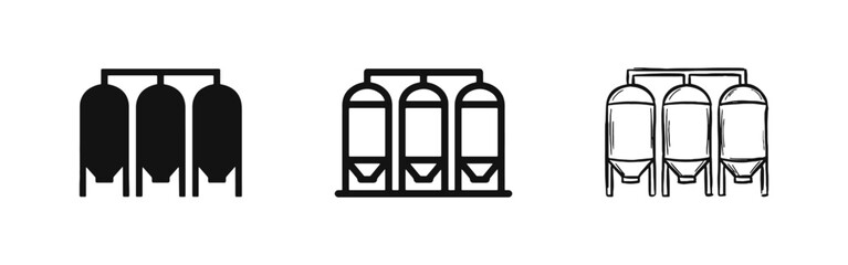 Industrial Storage Silo Icon Set for Agriculture, Fuel, and Factory Processing © drawing lines